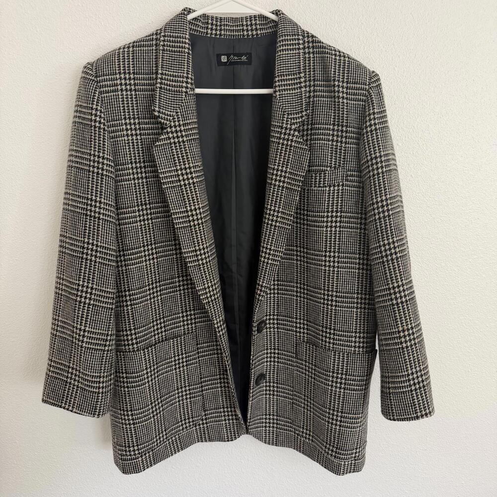 Vintage 80's Plaid Houndstooth Wool Blend Blazer Jacket, Size M Black White - Picture 2 of 6